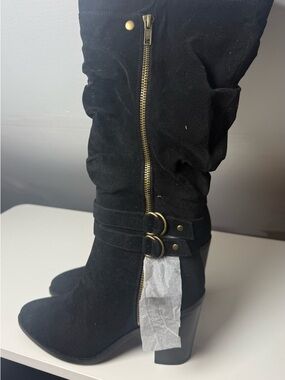 Gillia Black Suede-Look Mid-Calf Heeled Boots with Gold Accents